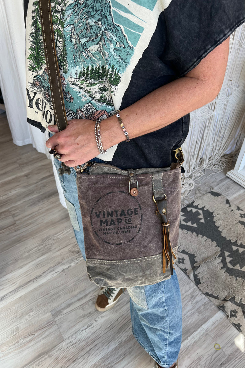 Vintage Map Co Crossbody Shoulder Bag/Purse by Clea Ray Leather & Canvas