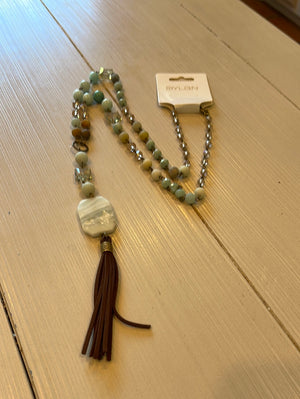 Long Beaded Necklace w/stone tassel