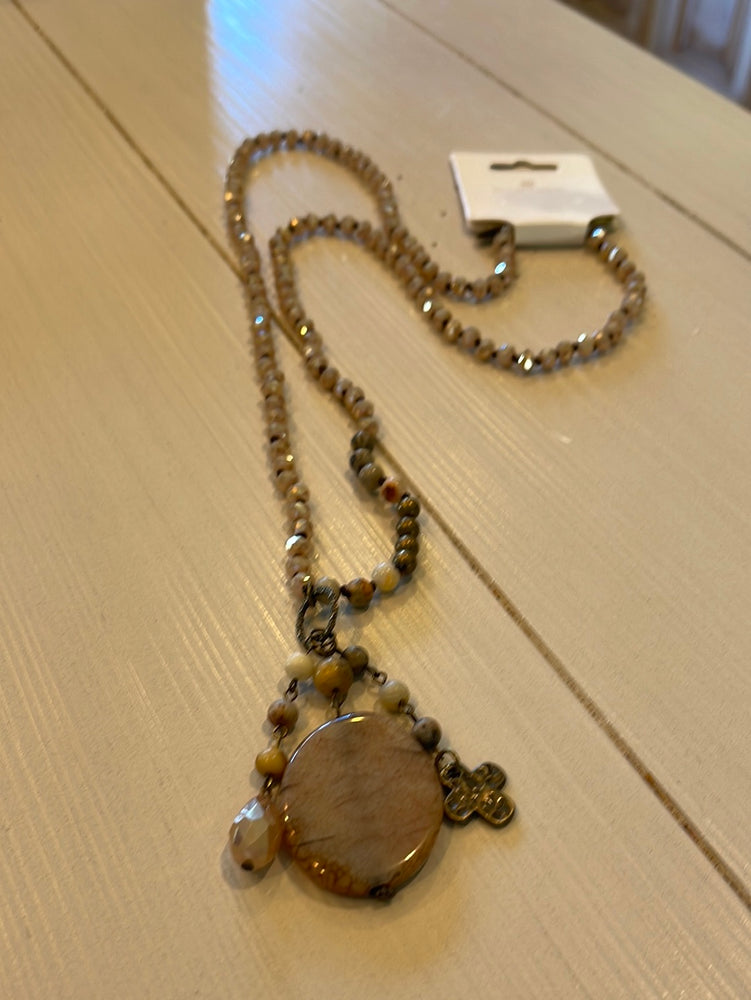 
            
                Load image into Gallery viewer, Long Beaded Necklace w/stone and cross
            
        