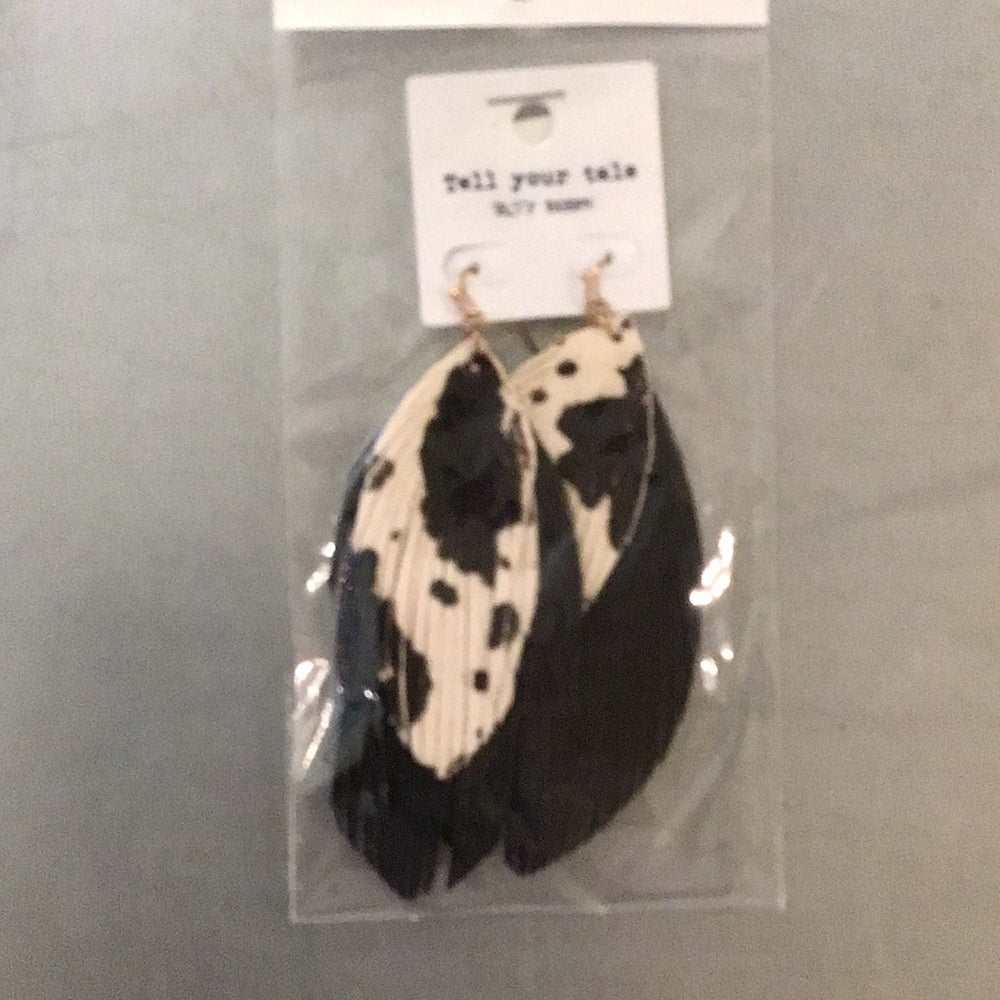 Leather cow print feather earring