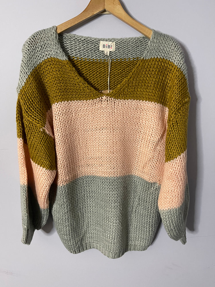 Gray/Mustard/Blush Loose Fit V Neck Color Block Sweater