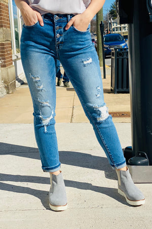 Risen Mid Rise Vintage Skinny Jeans