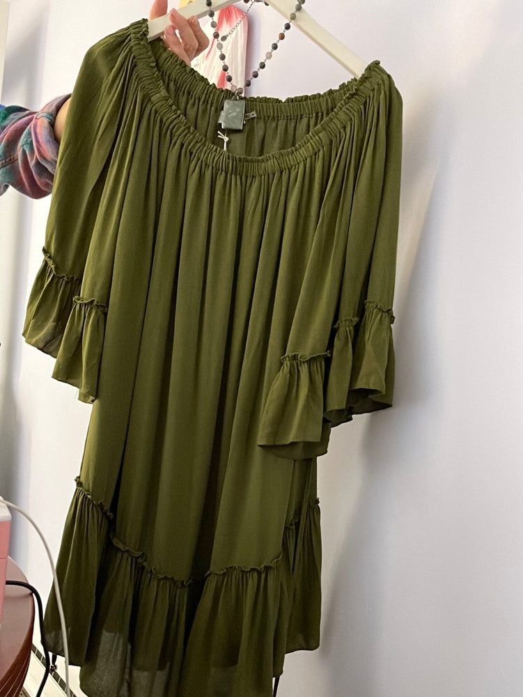 
            
                Load image into Gallery viewer, Ruffled Olive Boho Dress
            
        